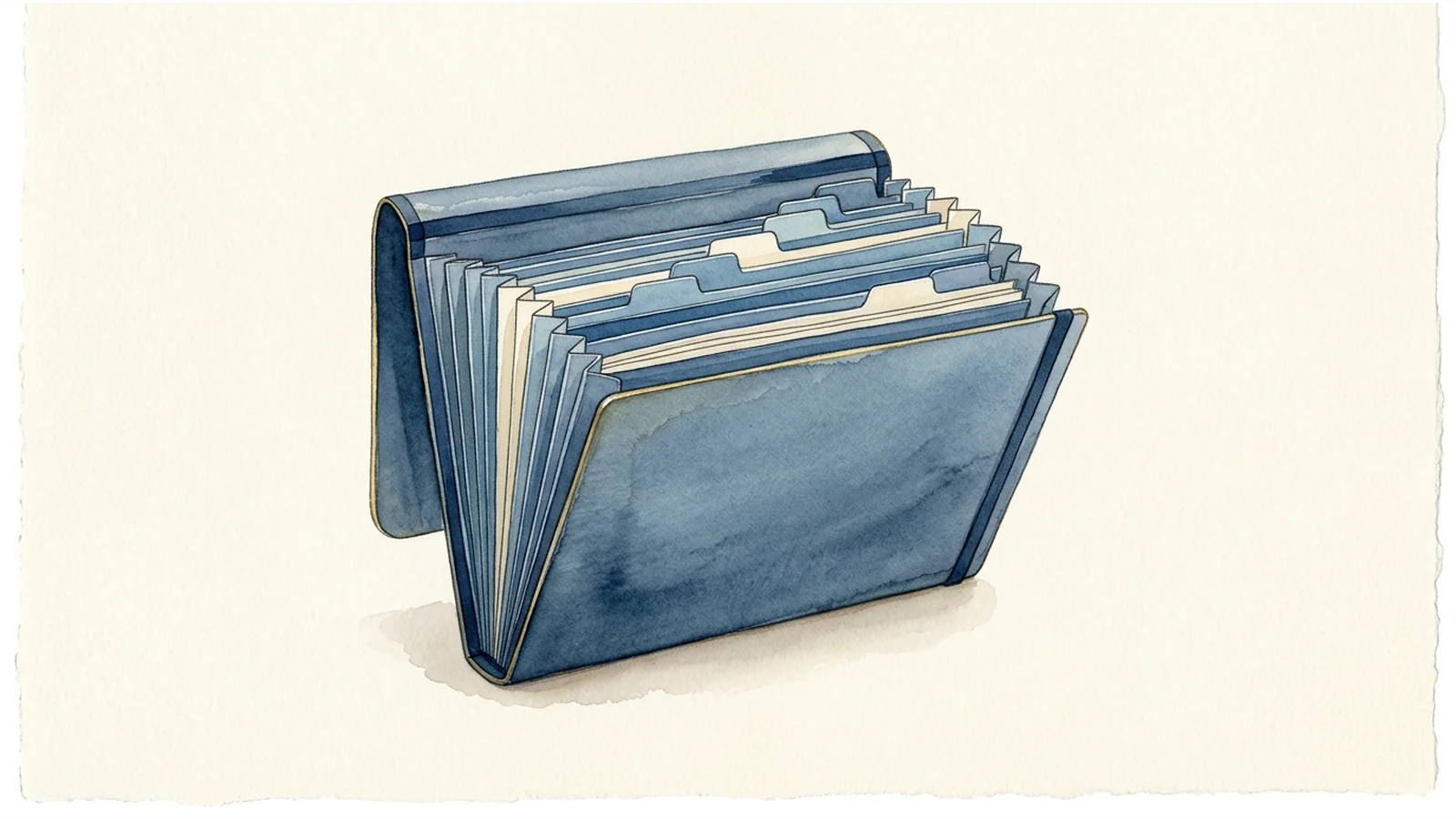 Watercolor illustration of a plain blue accordion folder with gently opening, aligned folds.