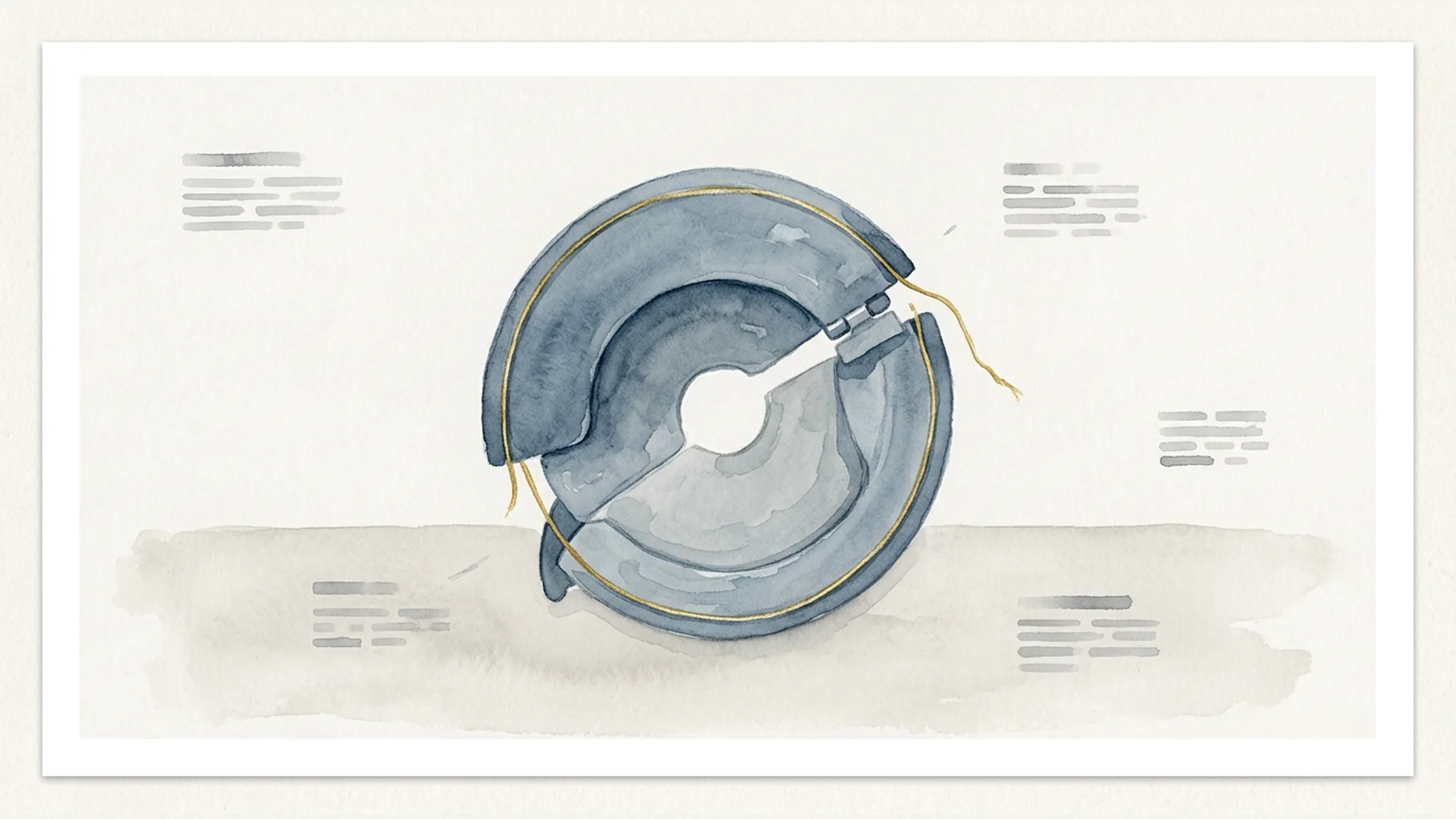 Watercolor illustration of a plain machine guard on a workbench with a gold thread marking a misaligned hinge gap.