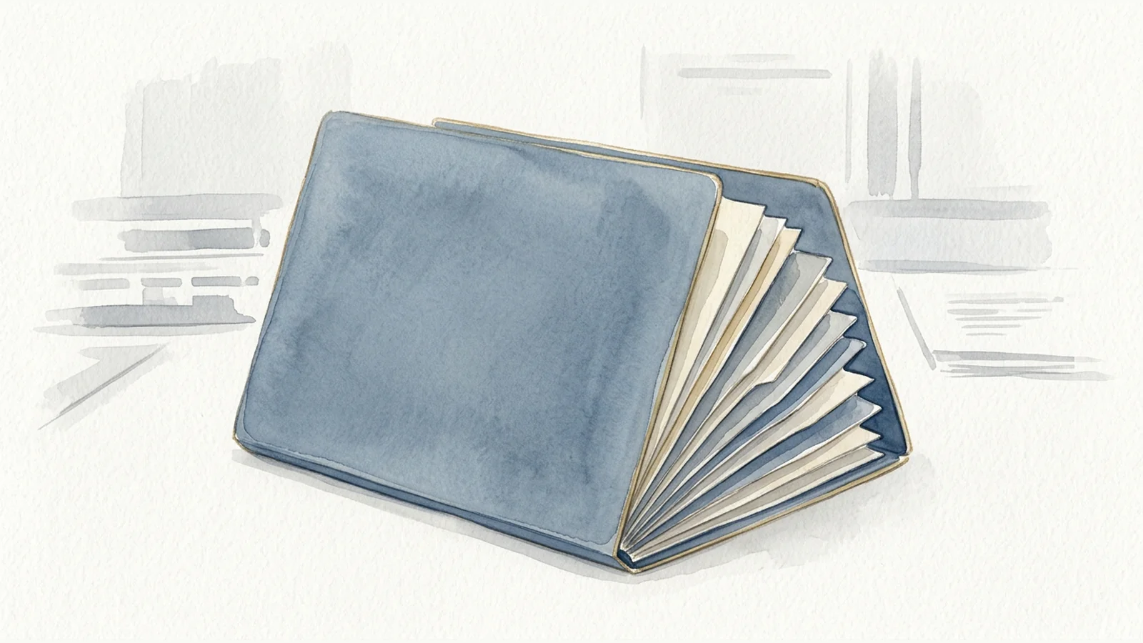 Watercolor illustration of a closed blue accordion folder with layered compartments visible along its edge.
