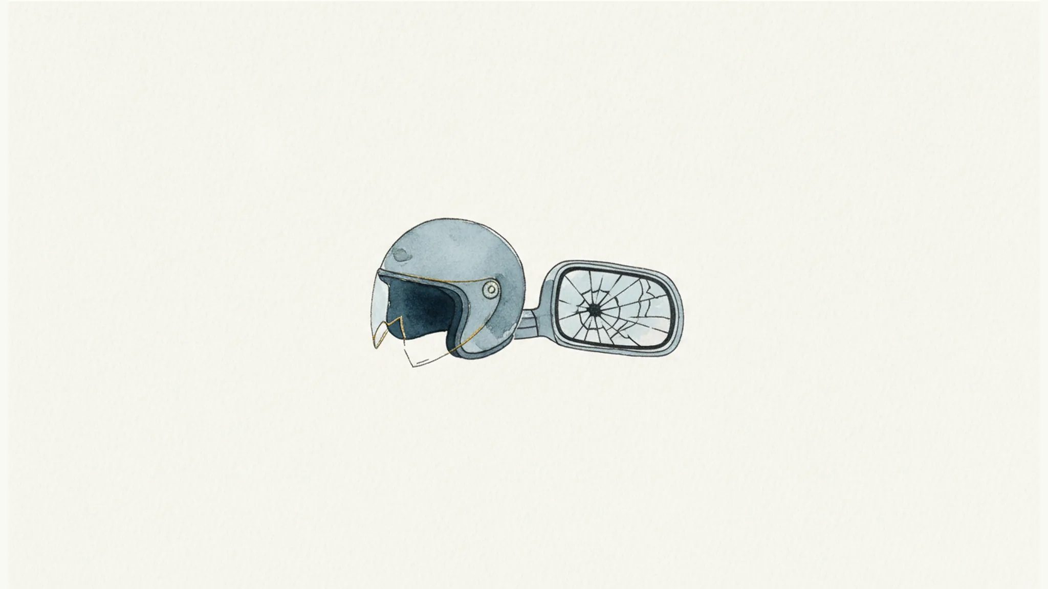 Minimal watercolor illustration of a fallen motorcycle helmet beside a cracked car mirror suggesting an uninsured-driver collision