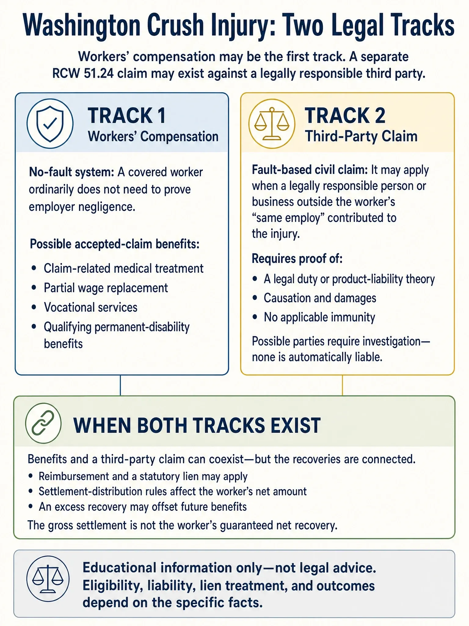 Comparison of Washington workers’ compensation and a possible RCW 51.24 third-party claim after an industrial crush injury, with their key requirements and financial interaction.