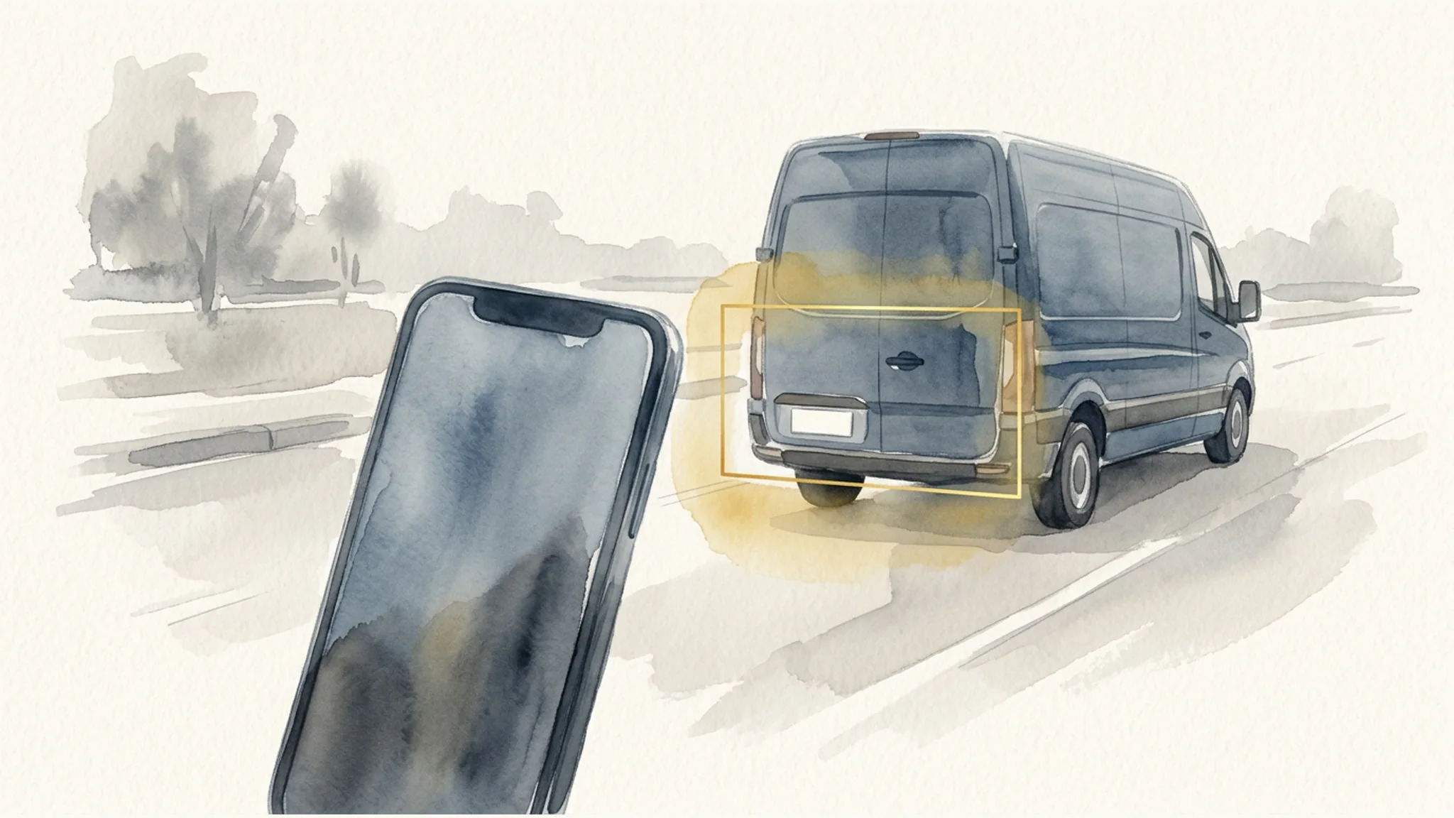 Watercolor illustration of a smartphone photographing the blank plate and rear corner of an unmarked fleet vehicle.
