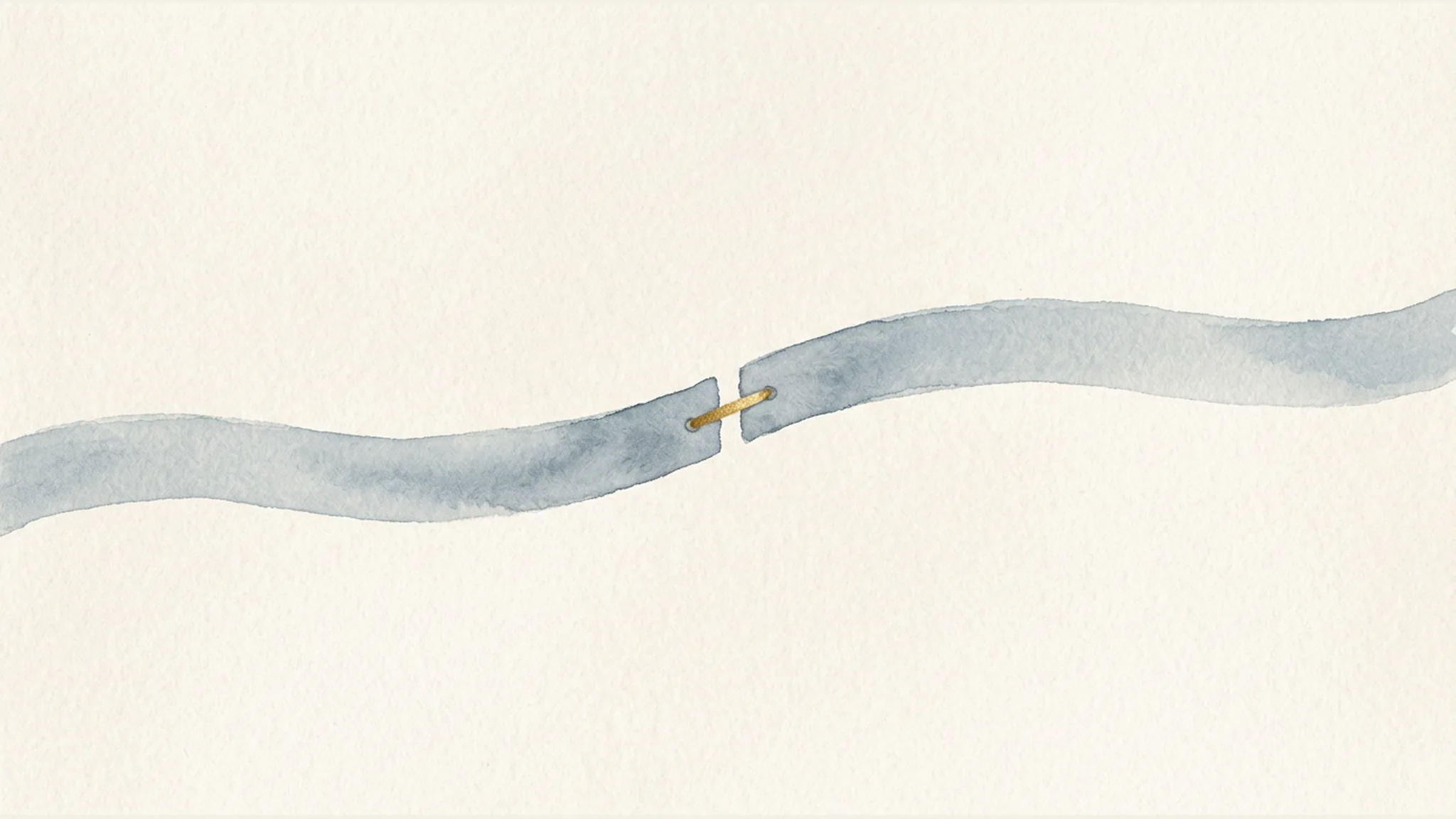 Watercolor illustration of a pale blue ribbon interrupted by a gap and reconnected with a gold stitch, reflecting the analysis of delayed care and causation.