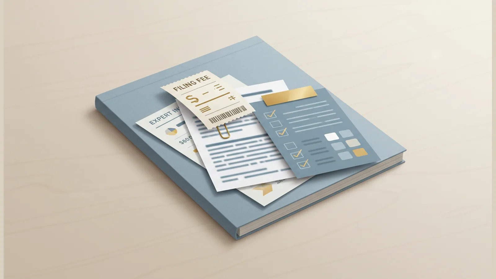 Illustration of a case folder with cost-related papers and a calculator on a clean desk.