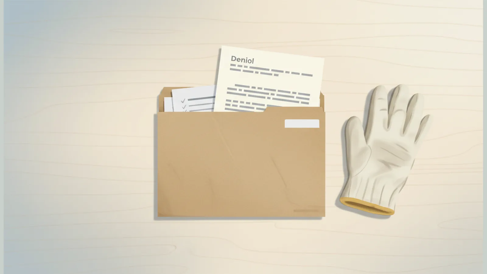 Workers' compensation claim folder with an unreadable denial letter, checklist, and work glove on a desk.